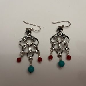 Carolyn Pollack silver dangle earrings with green and orange stones.